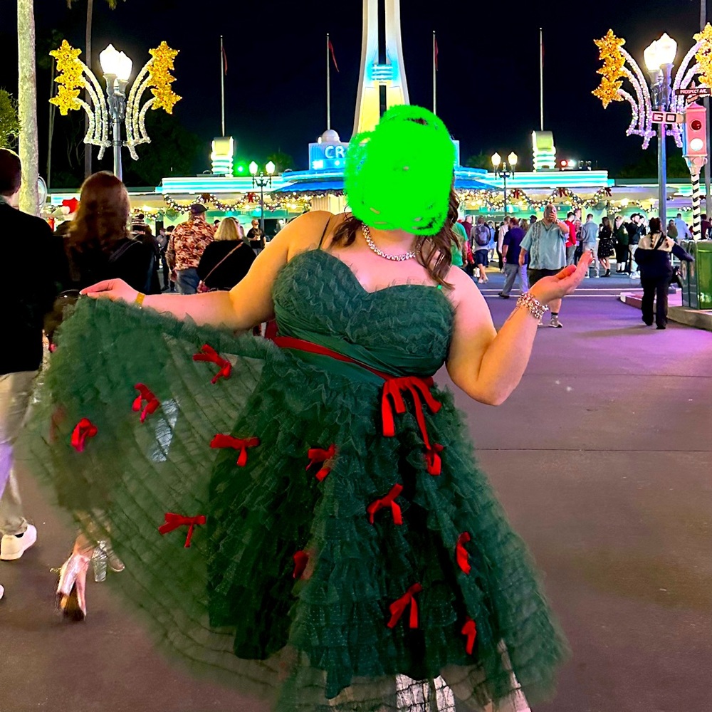 Unique Vintage Emerald Green & Red Ribbon Tulle Cupcake Swing Dress
